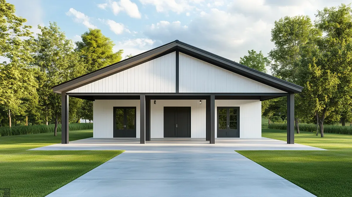 Advanced barndo with covered overhang, white and black finish