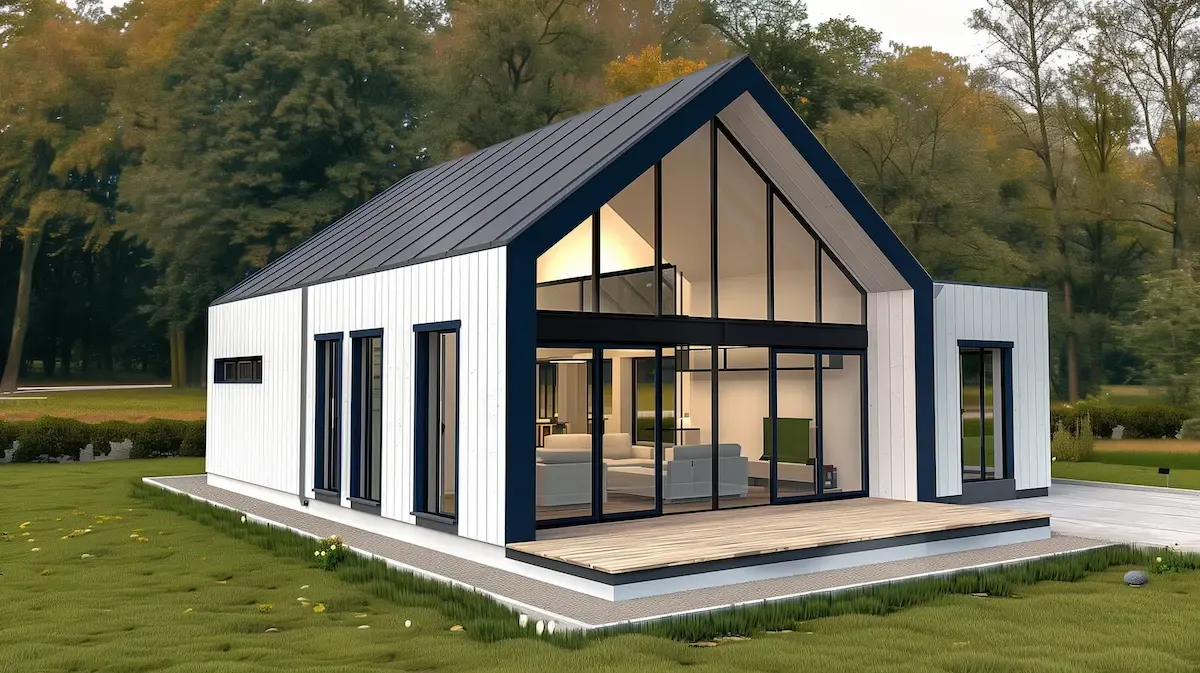 Lux barndominium in Tennessee with covered front porch and landscaping