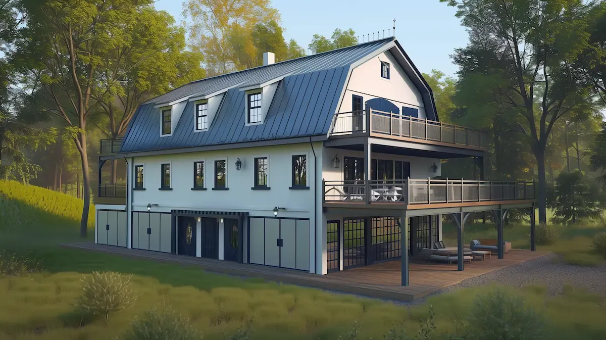 Lux barndominium with large framed window openings