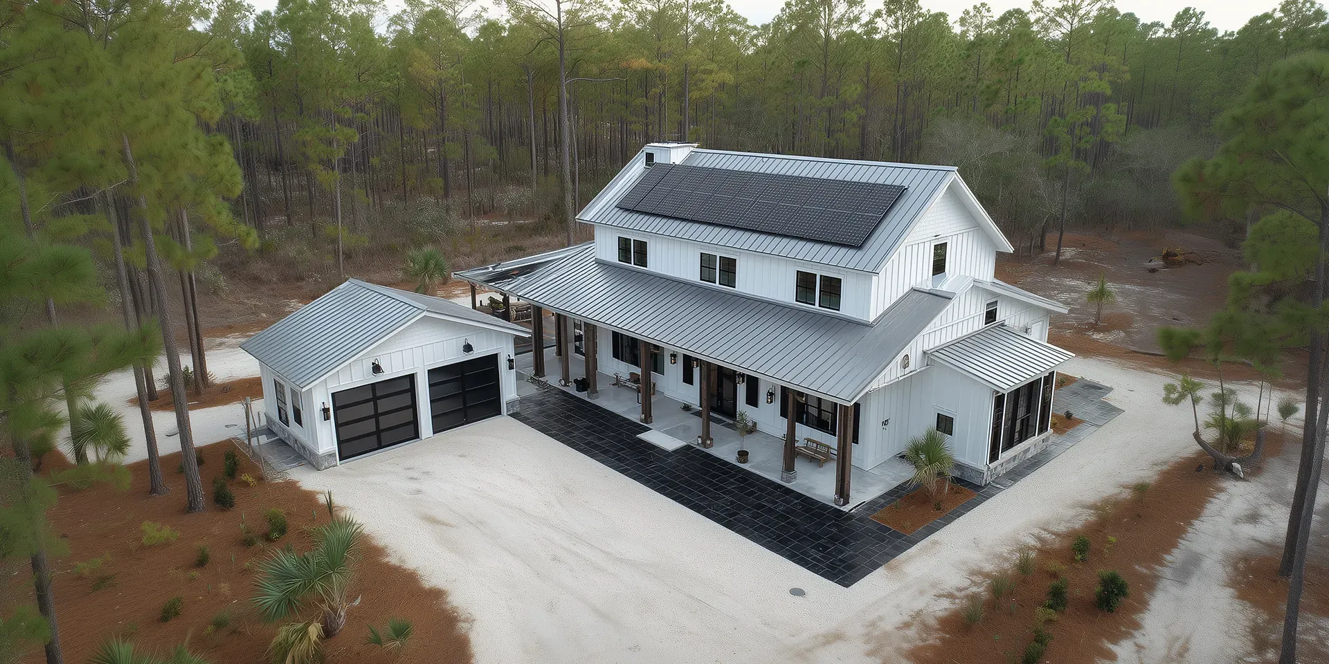 White two-story steel barndominium with standing seam roof, solar panels and a wide front porch